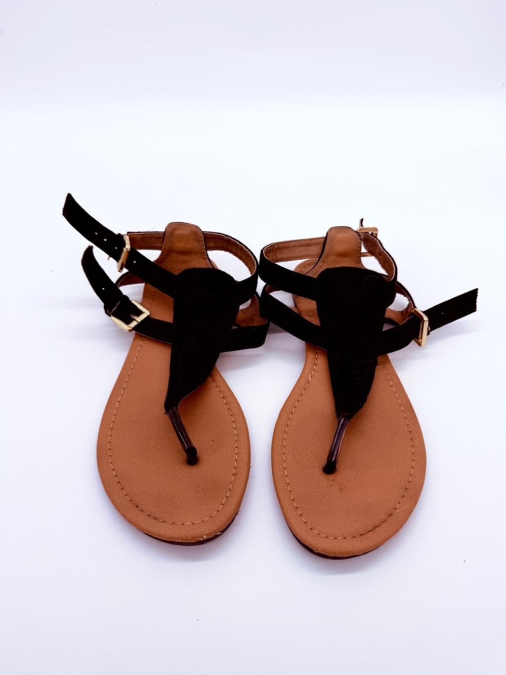 Women's Black and Tan T-Strap Sandals